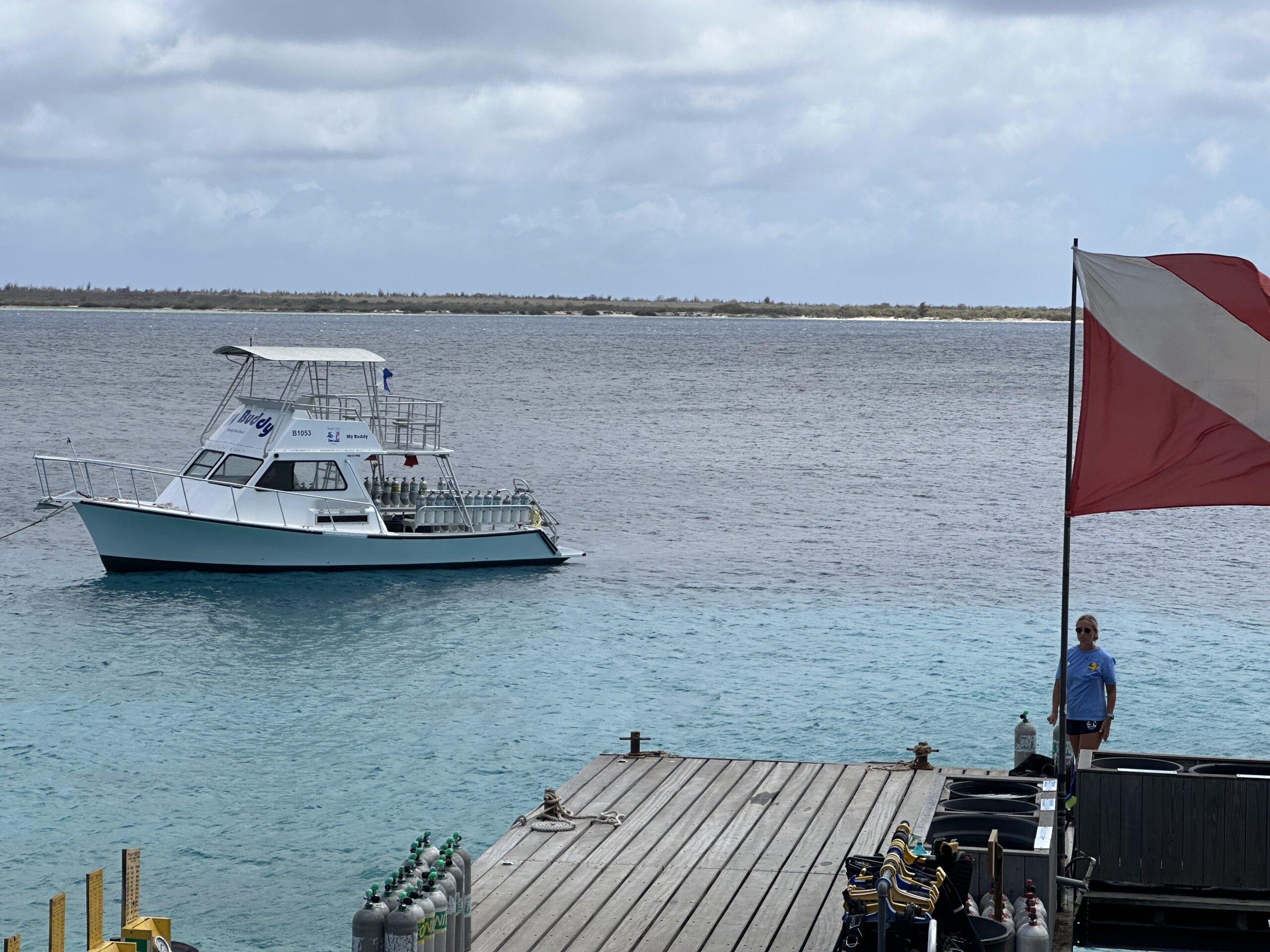 A boat on the water, Bonaire tech diving
